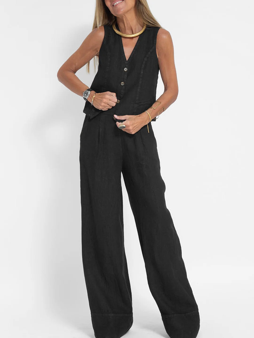 Aira - Buttoned Vest & Wide-Leg Trousers Set