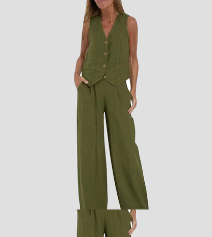 Aira - Buttoned Vest & Wide-Leg Trousers Set