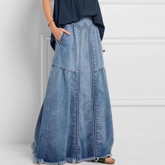 Rallah - Oversized Denim Maxi Skirt with Pockets