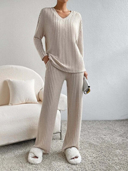 Victoria™ - Ribbed Knit V Neck Two-Piece Lounge Set