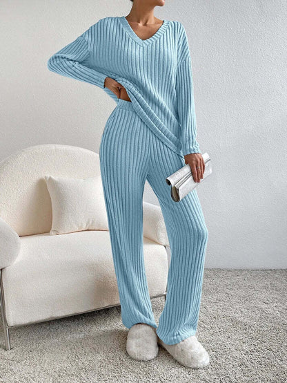 Victoria™ - Ribbed Knit V Neck Two-Piece Lounge Set