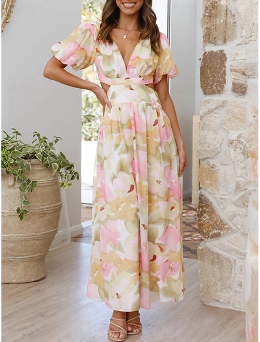 Azalea™ - Floral Puff Sleeve Summer Midi Dress