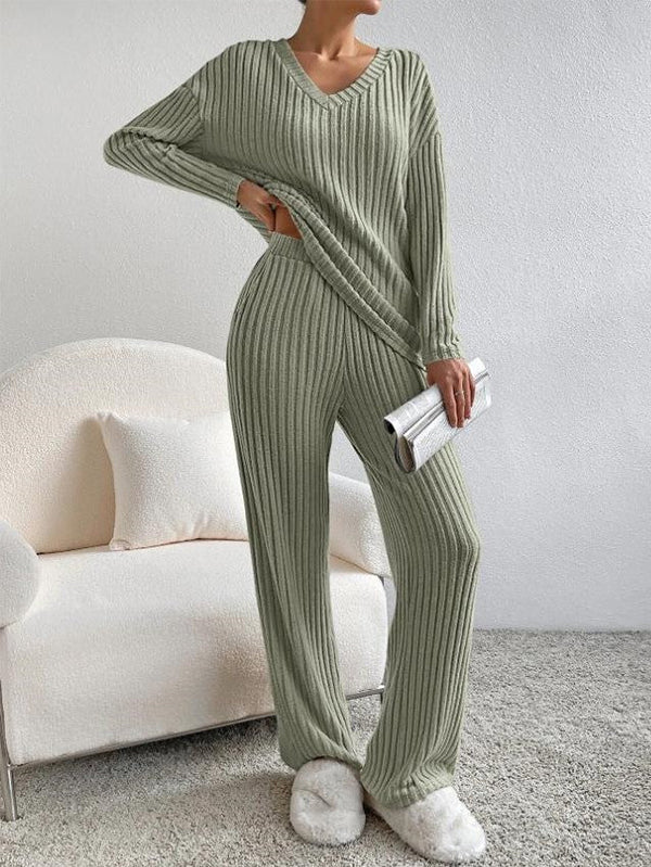 Victoria™ - Ribbed Knit V Neck Two-Piece Lounge Set