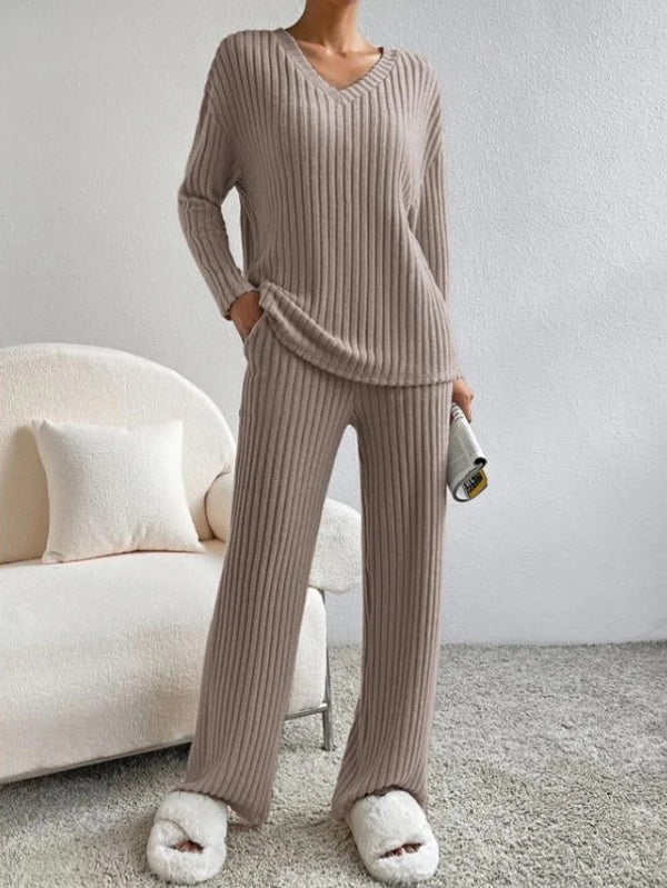 Victoria™ - Ribbed Knit V Neck Two-Piece Lounge Set